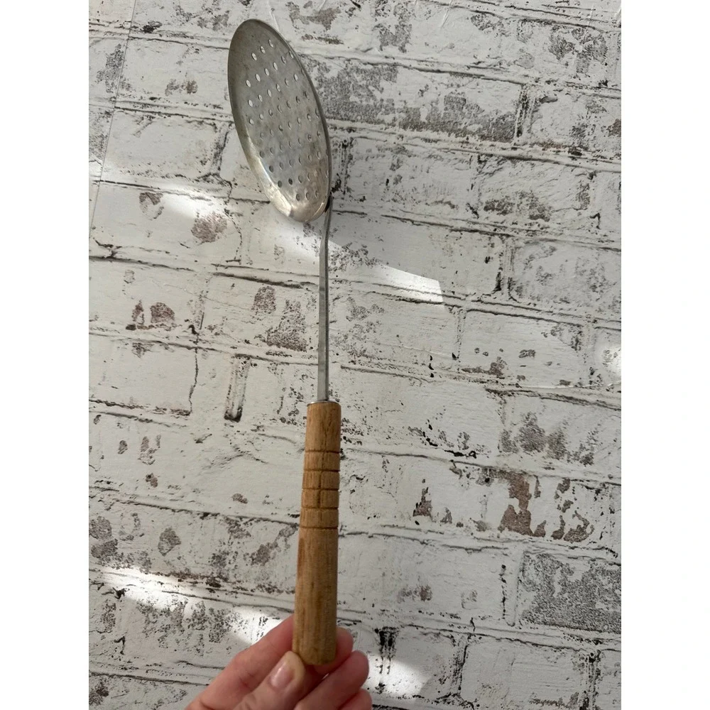 Vintage Wok Spatula and Skimmer Set Wood Handle Metal Kitchen Utensils